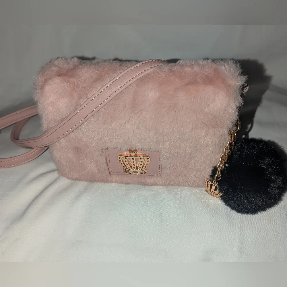 Juicy Couture Pink Faux Fur Crossbody Bag with Crown Emblem And Pom Pom Keychain